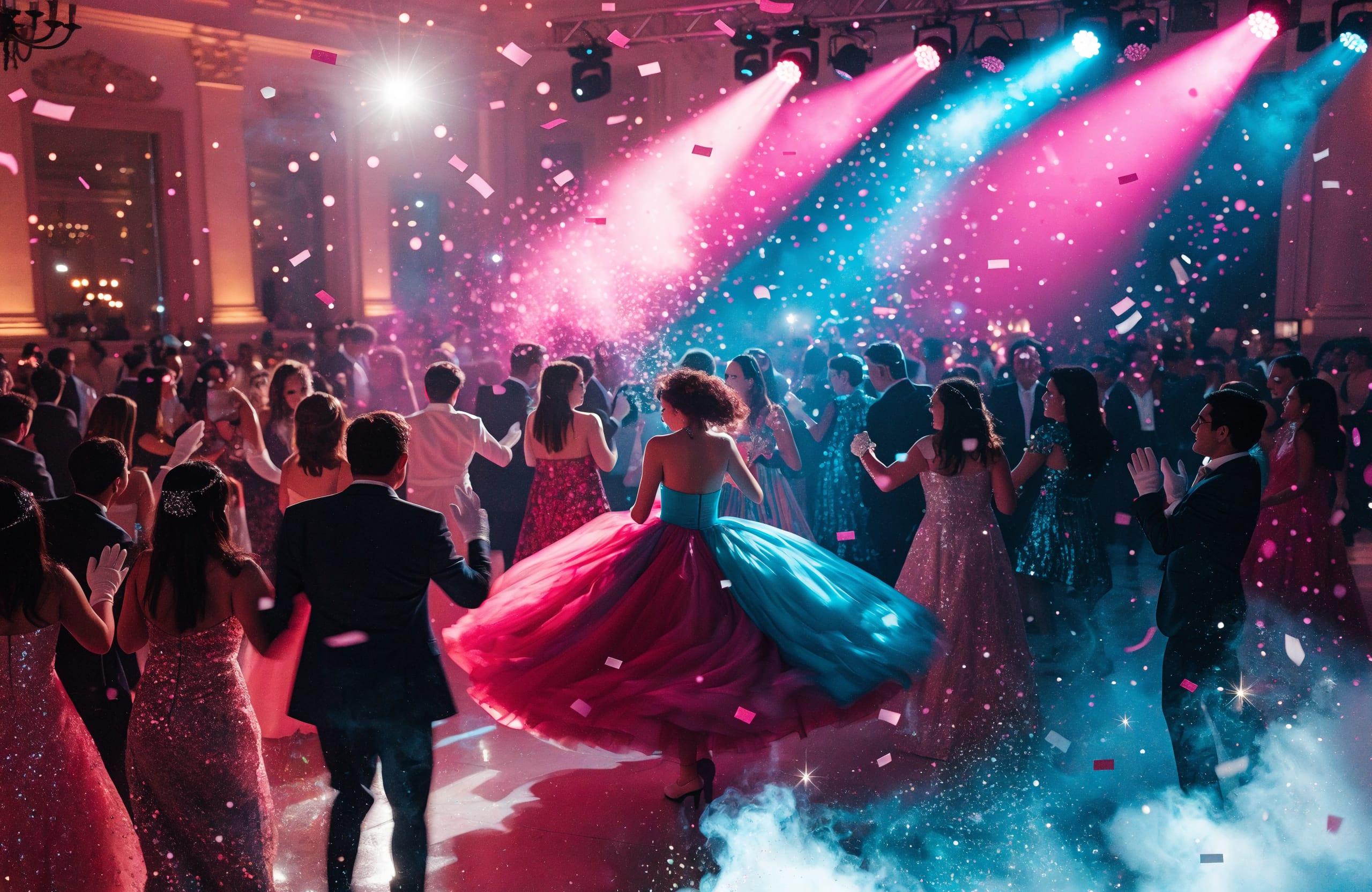 Quinceañera bailando en el salón con luces magenta y cyan, confetti y humo en Bogotá — La Rumbería