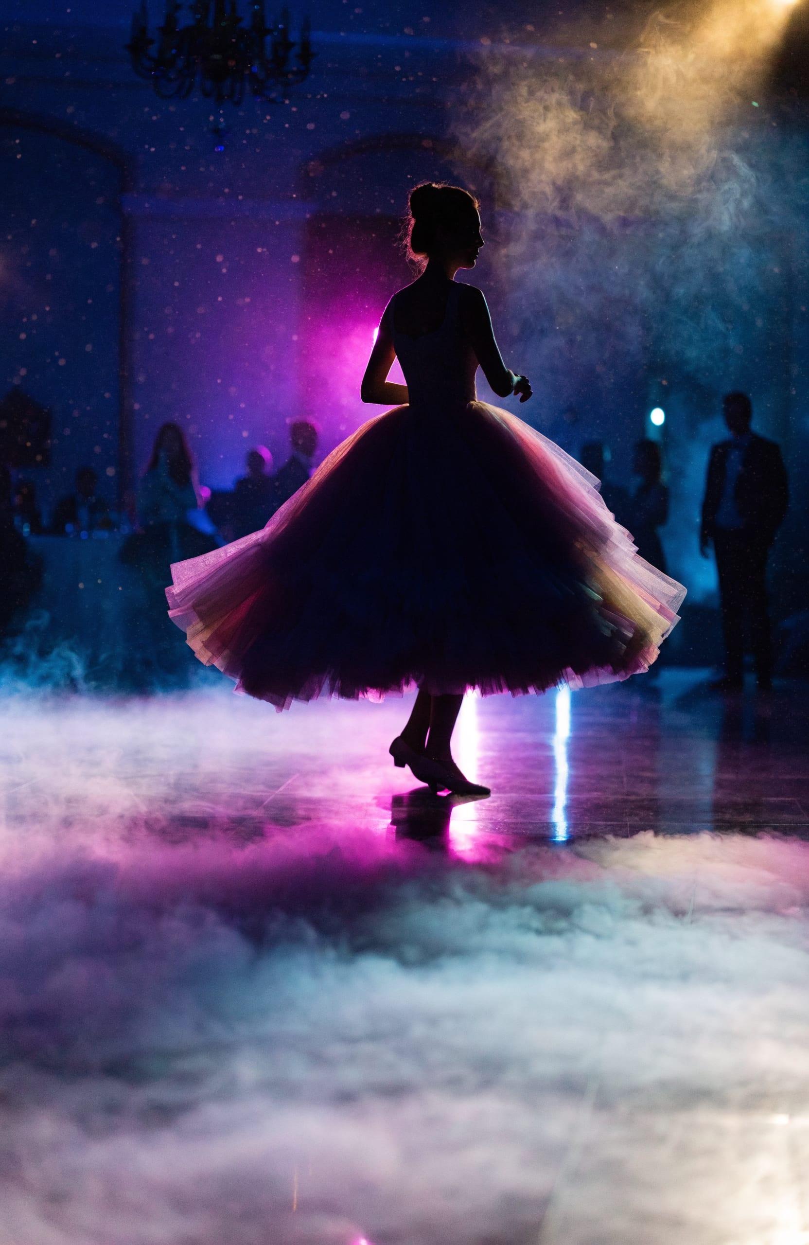 Vals de quinceañera en silueta sobre humo bajo con luz magenta en un salón de Bogotá — La Rumbería
